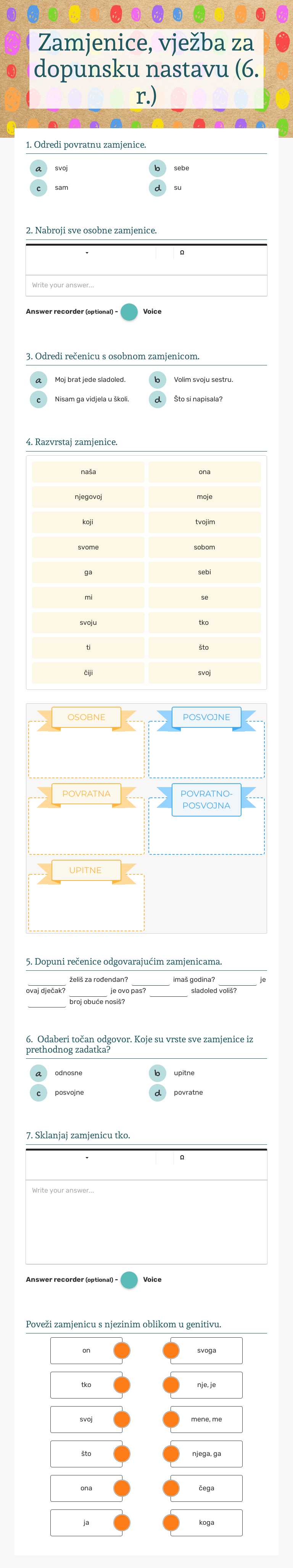 Zamjenice, vježba za dopunsku nastavu (6. r.) worksheet preview image