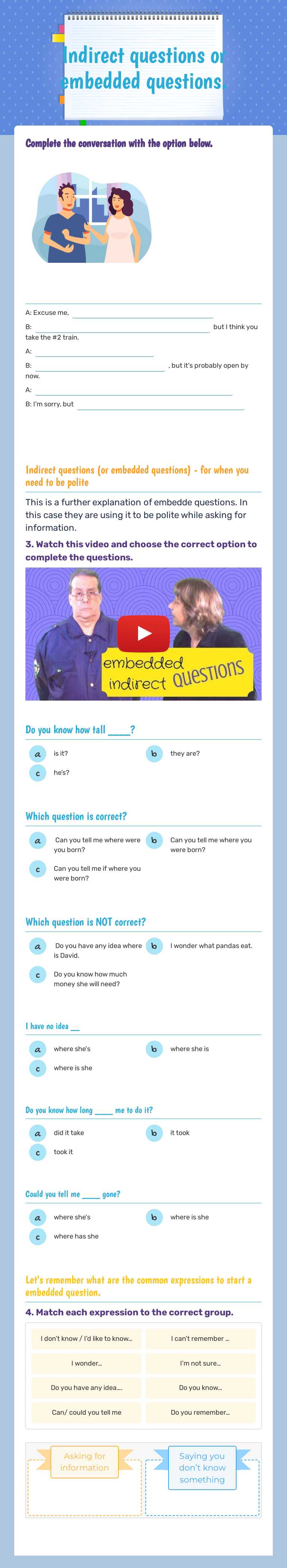 Indirect questions or embedded questions. worksheet preview image
