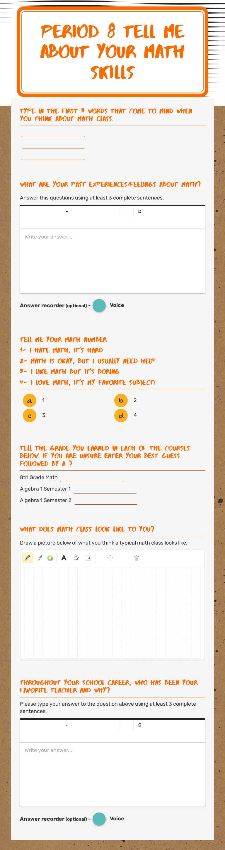 Period 8 Tell Me About your Math Skills Grade 8 worksheet preview