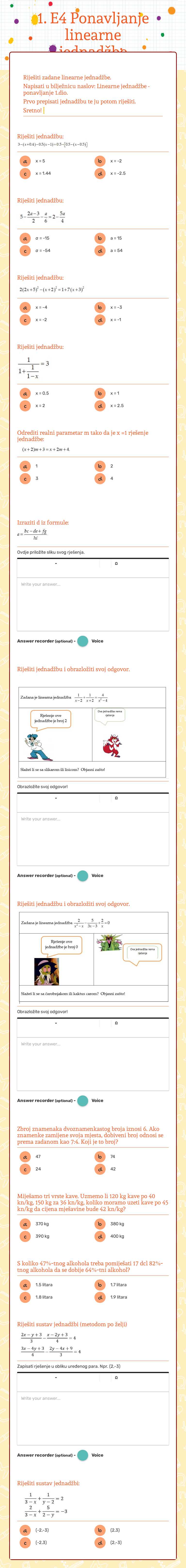 1. E4 Ponavljanje   linearne jednadžbe worksheet preview image