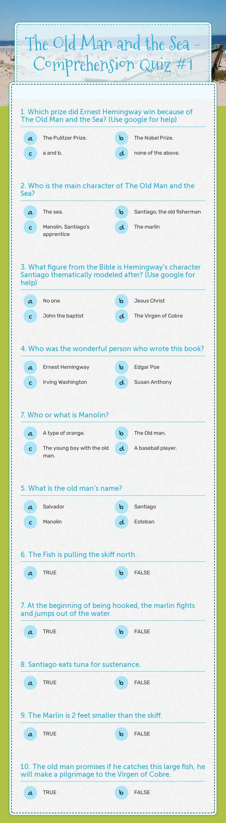 The Old Man and the Sea - Comprehension Quiz #1 Grade 10 worksheet preview
