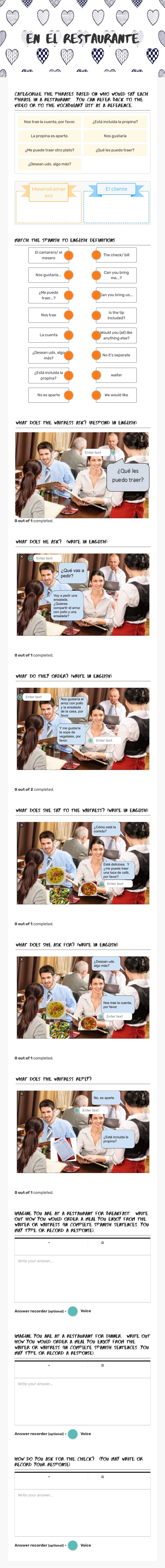 En el restaurante Grade 8 worksheet preview