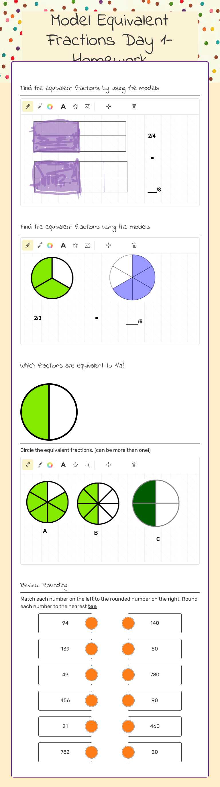 Model Equivalent Fractions Day 1- Homework worksheet preview image