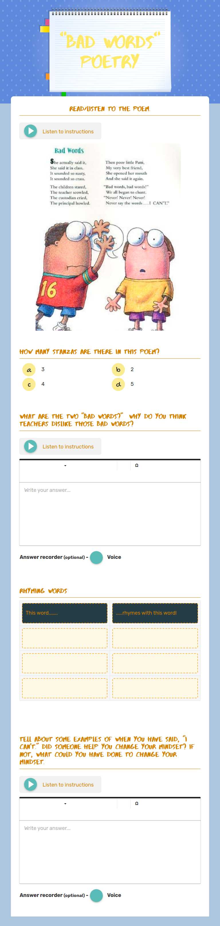"Bad words" poetry worksheet preview image