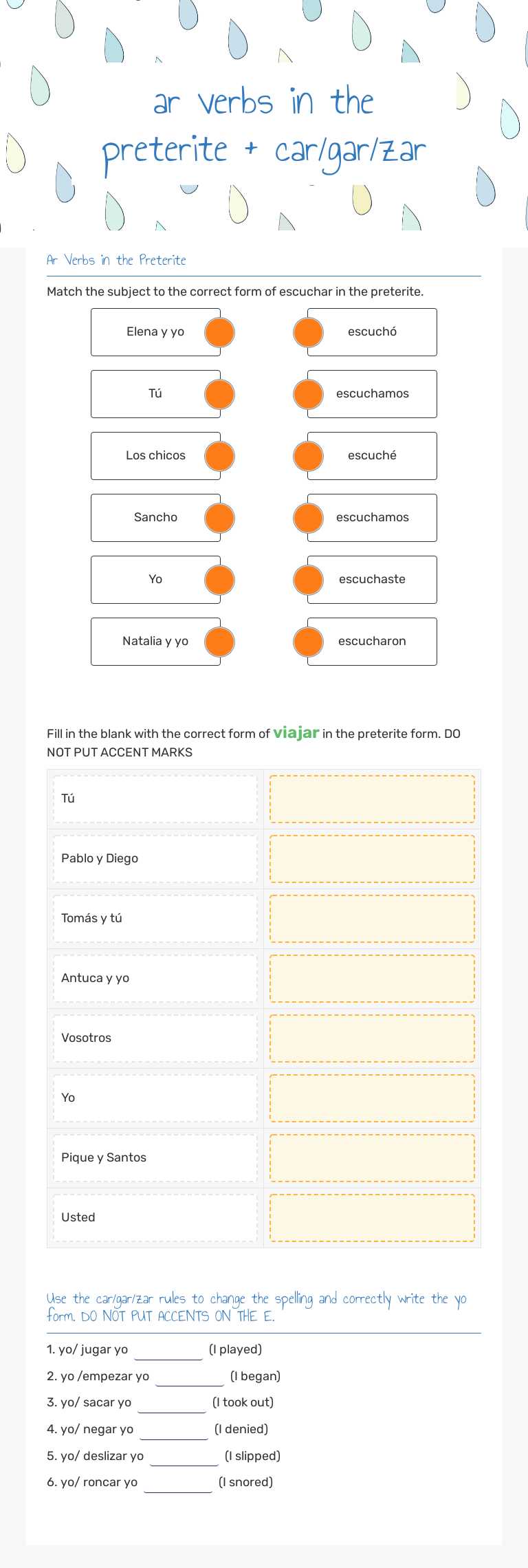 ar verbs in the preterite + car/gar/zar Grade 10 worksheet preview