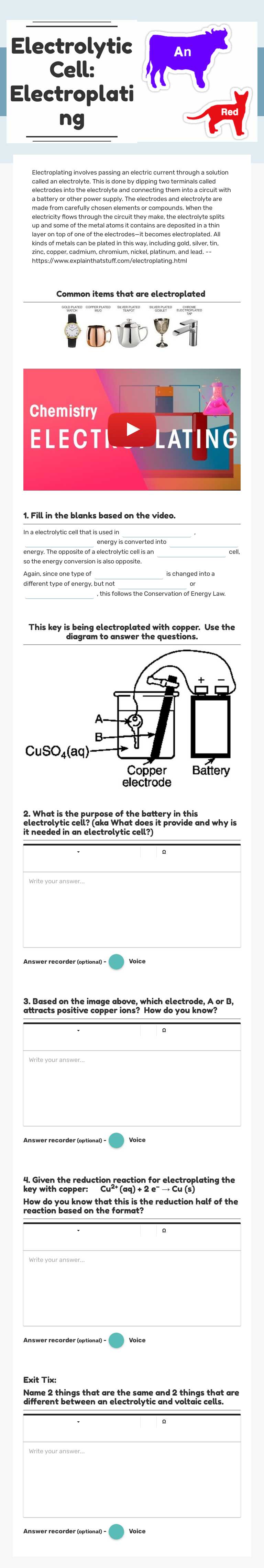 Electrolytic Cell: Electroplating worksheet preview image