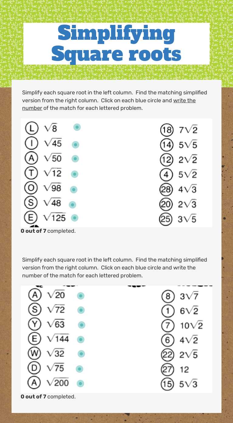 Simplifying Square roots worksheet preview image