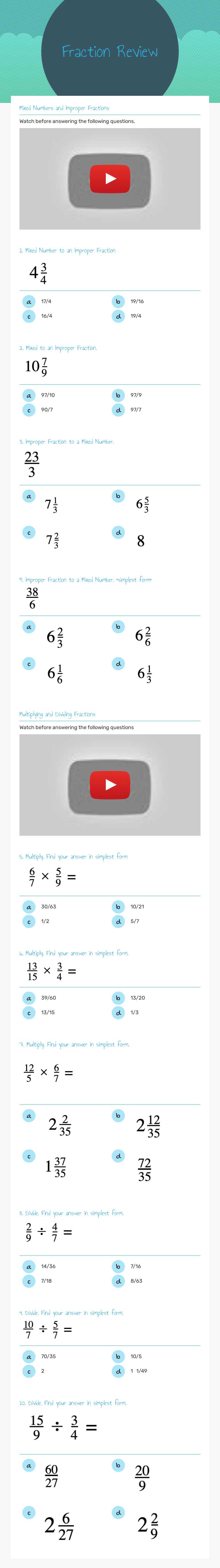 Fraction Review worksheet preview image