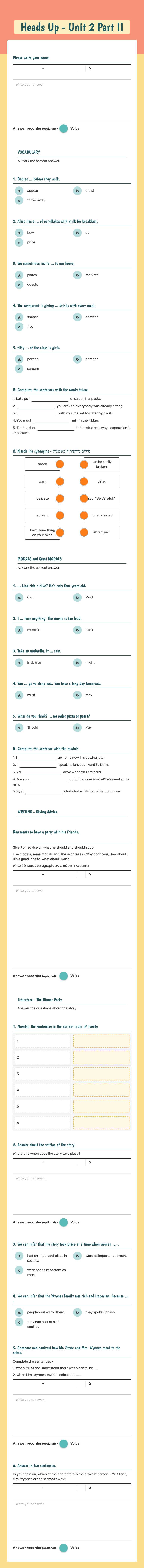 Heads Up - Unit 2 Part II worksheet preview image