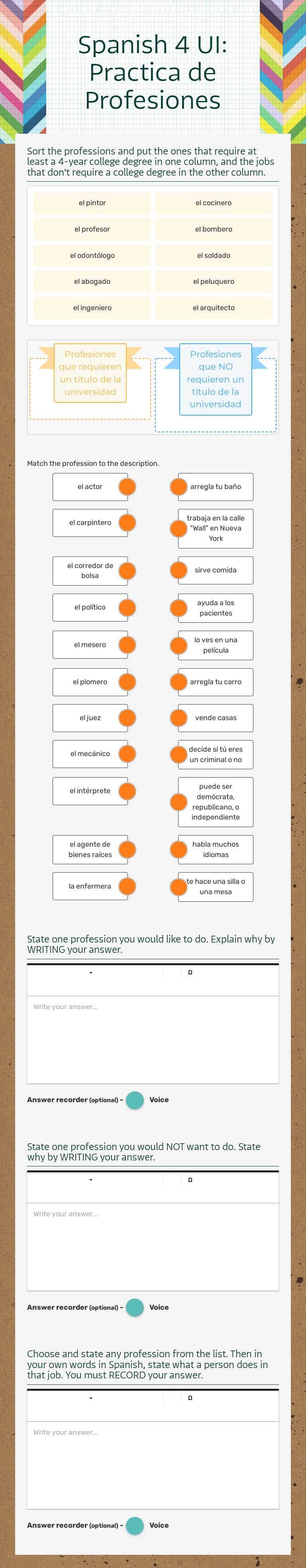 Spanish 4 U1: Practica de Profesiones worksheet preview image