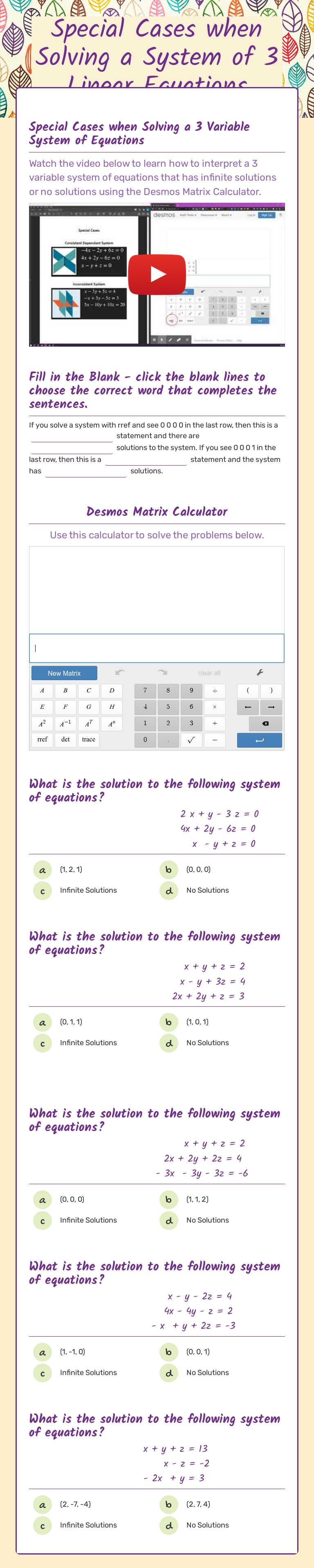 Special Cases when Solving a System of 3 Linear Equations worksheet preview image
