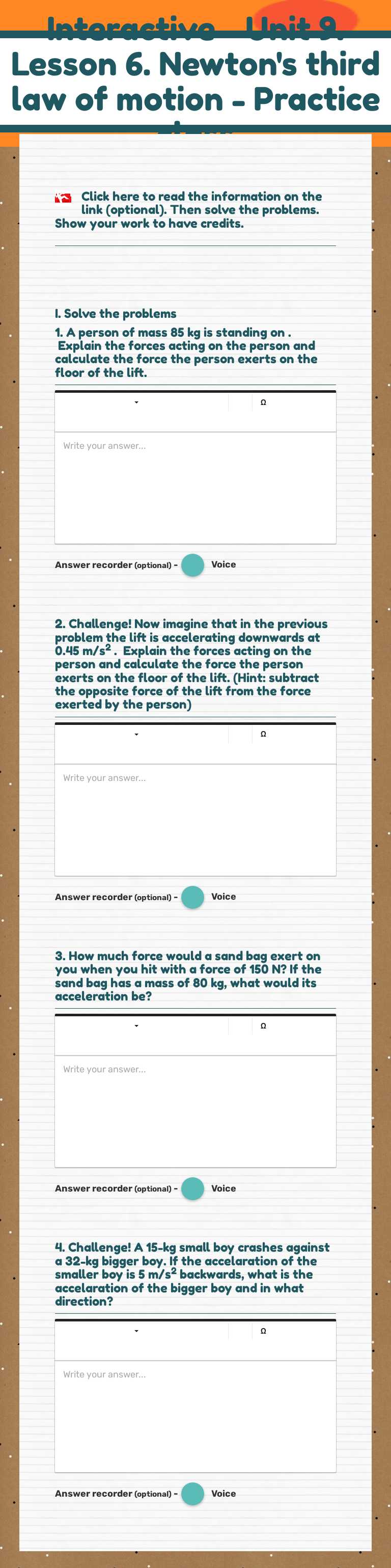 Interactive - Unit 9. Lesson 6. Newton's third law of motion - Practice class worksheet preview image
