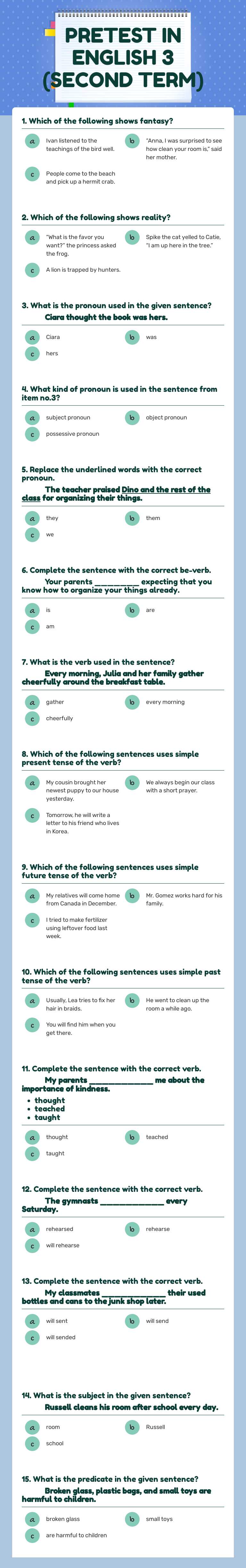 PRETEST IN ENGLISH 3 (SECOND TERM) Grade 3 worksheet preview
