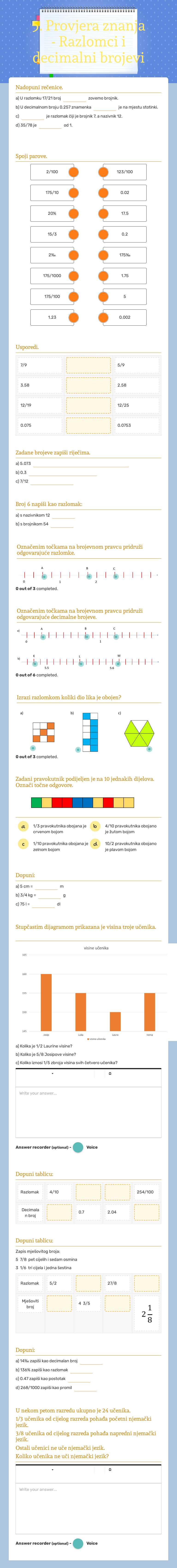 5. Provjera znanja - Razlomci i decimalni brojevi Grade 5 worksheet preview