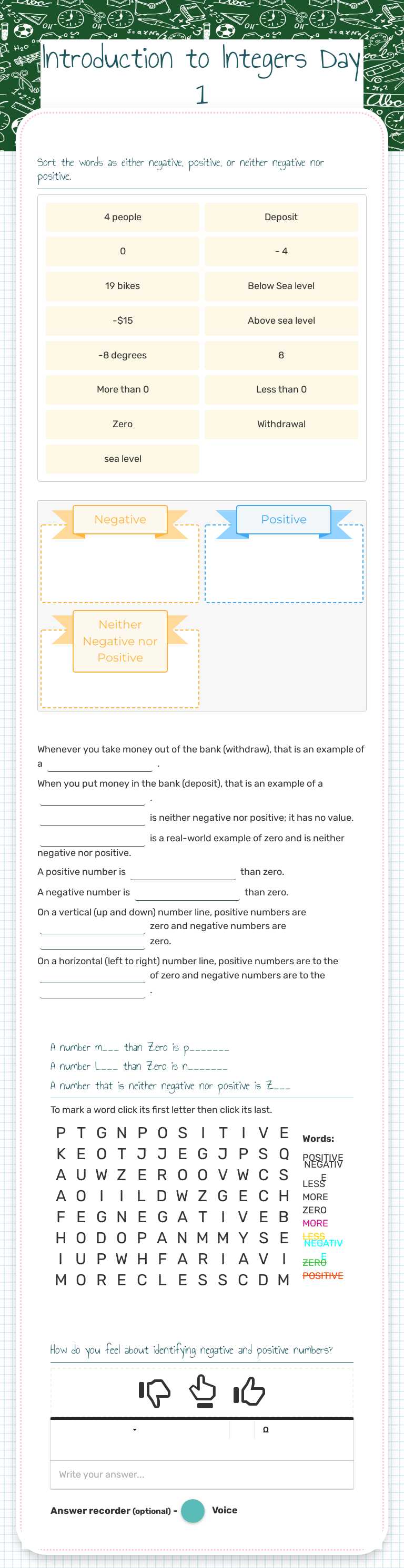 Positive and Negative Integer KEY WORDS worksheet preview image