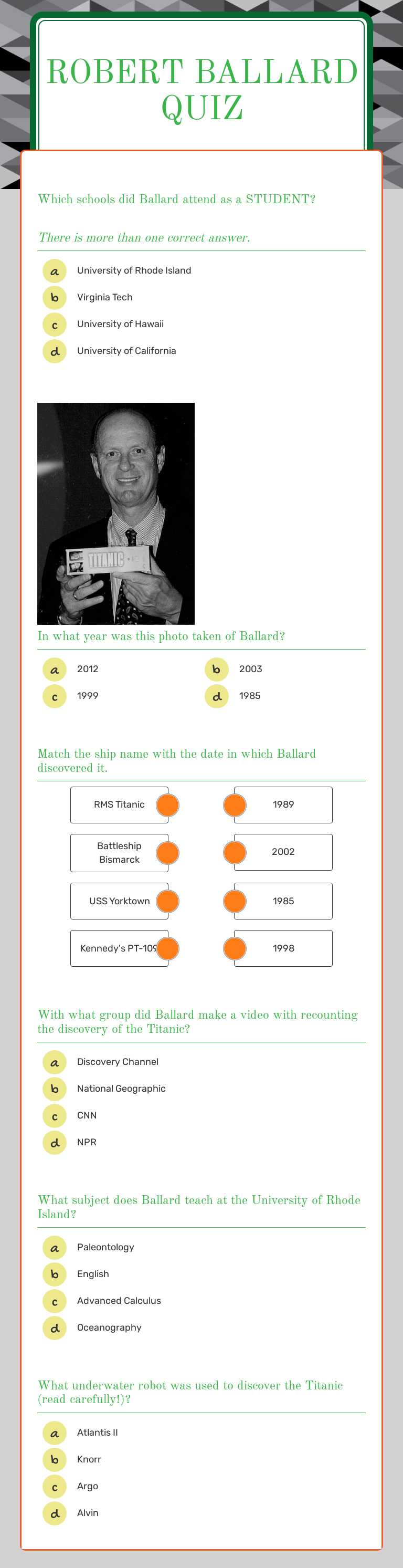 rOBERT Ballard qUIZ worksheet preview
