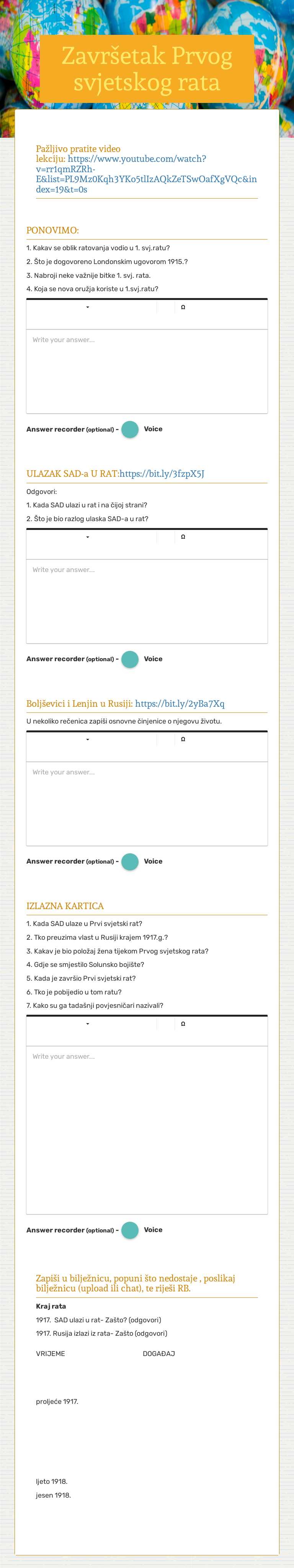 Završetak Prvog svjetskog rata worksheet preview image
