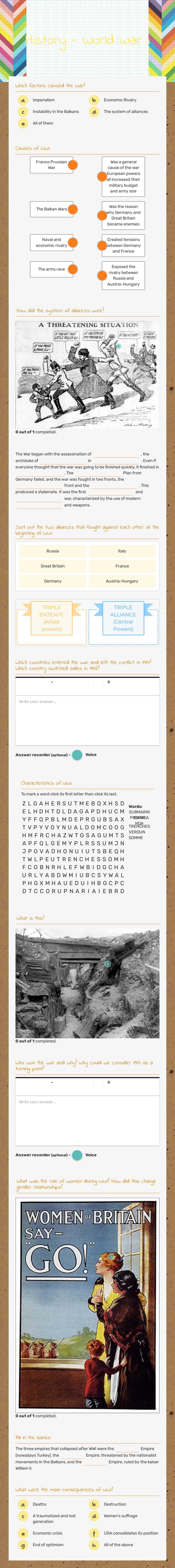 History - World War I worksheet preview image