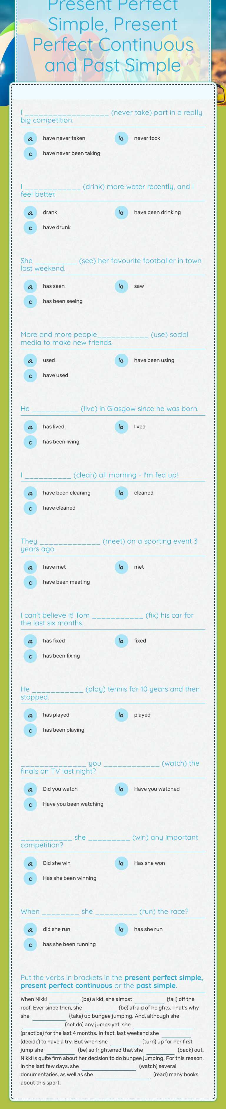 Present Perfect Simple, Present Perfect Continuous and Past Simple Grade 8 worksheet preview