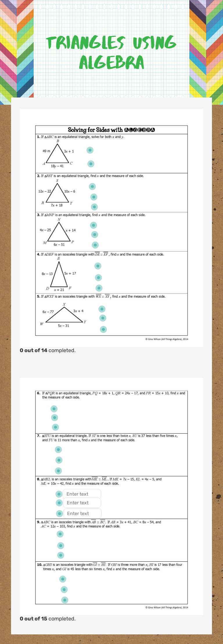 triangles using algebra Grade 10 worksheet preview