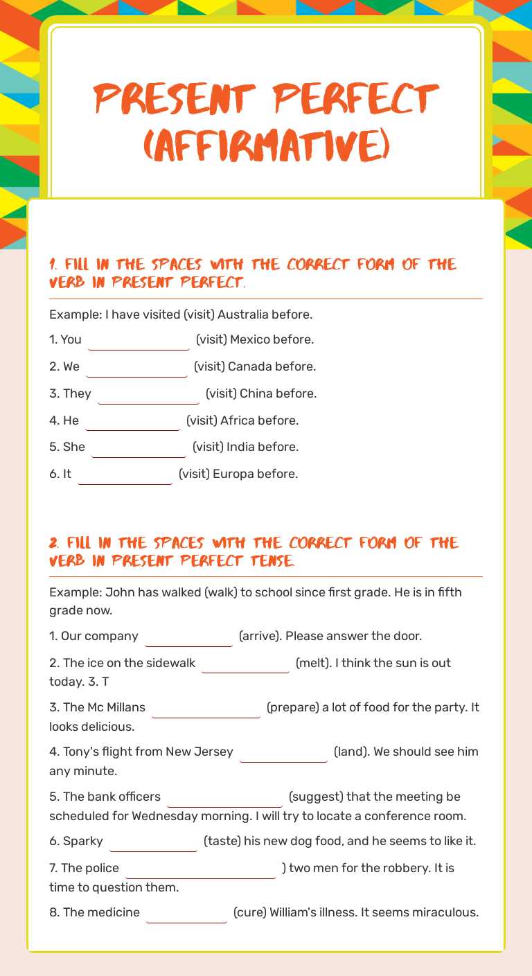 Present perfect (affirmative) worksheet preview image