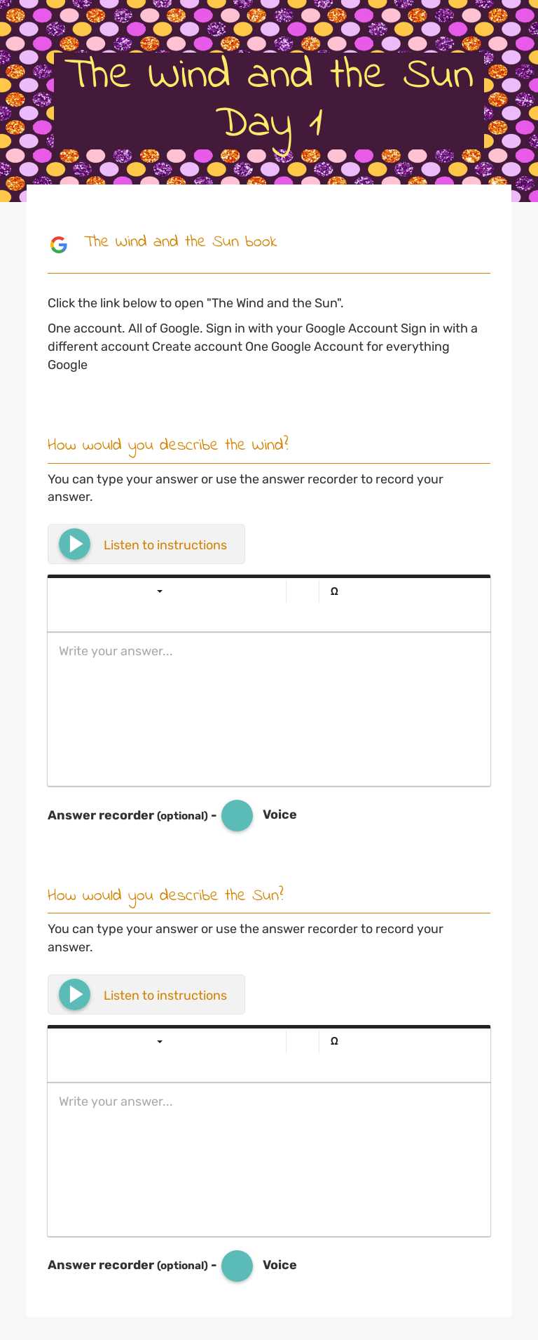 The Wind and the Sun Day 1 worksheet preview image