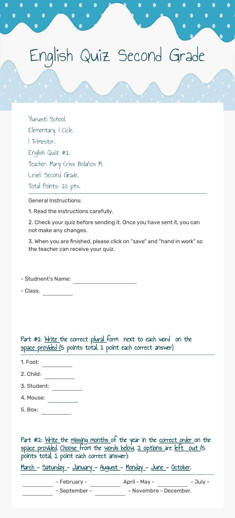 English Quiz Second Grade Grade 2 worksheet preview