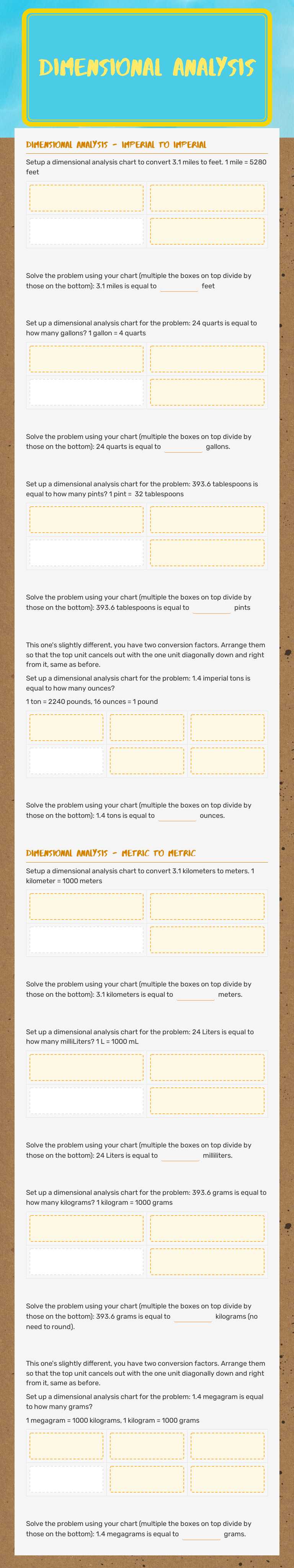 Dimensional Analysis Grade 10 worksheet preview