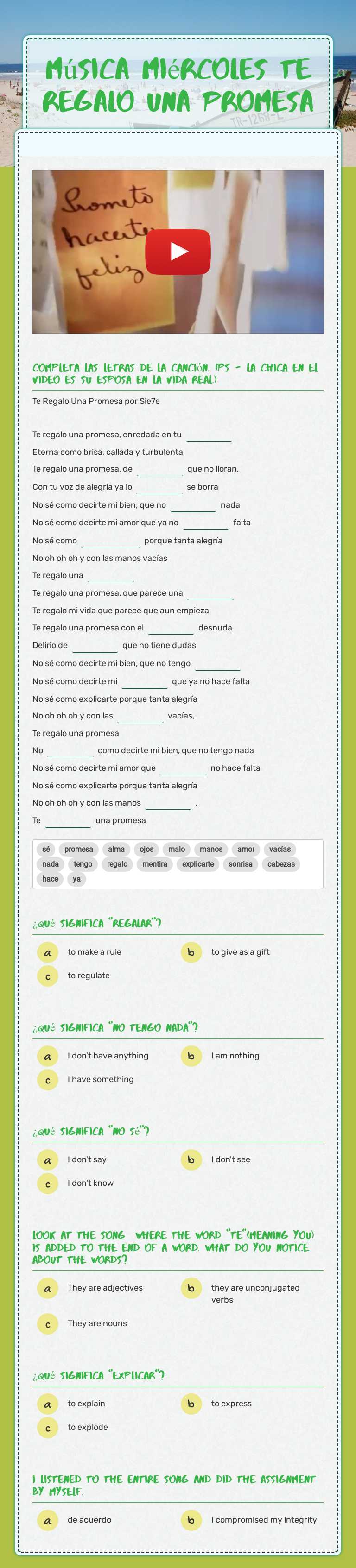 Música miércoles                         
 te regalo una promesa worksheet preview image