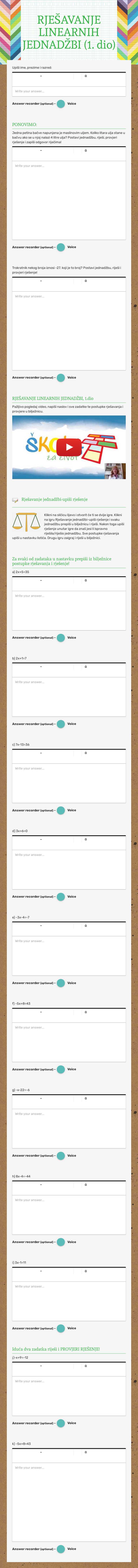 RJEŠAVANJE LINEARNIH JEDNADŽBI (1. dio) Grade 6 worksheet preview