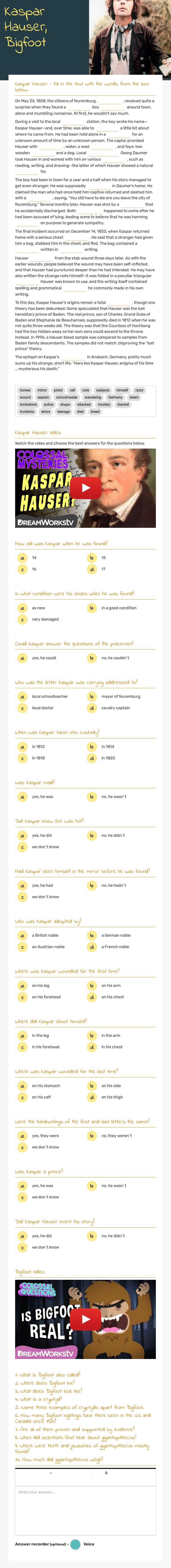 Kaspar Hauser, Bigfoot worksheet preview image