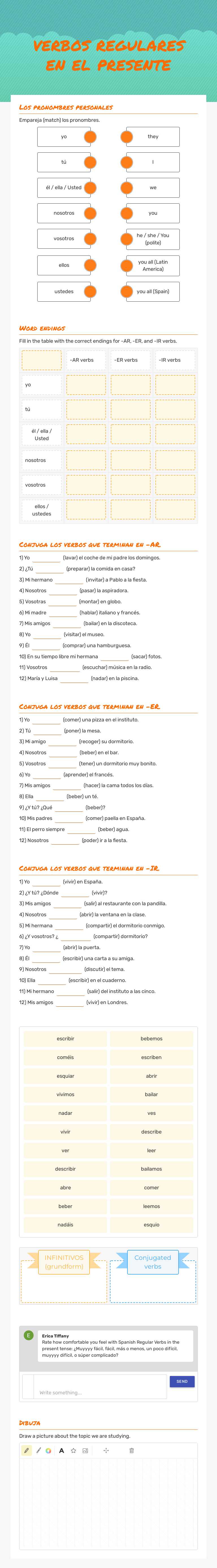 verbos regulares en el presente Grade 7 worksheet preview
