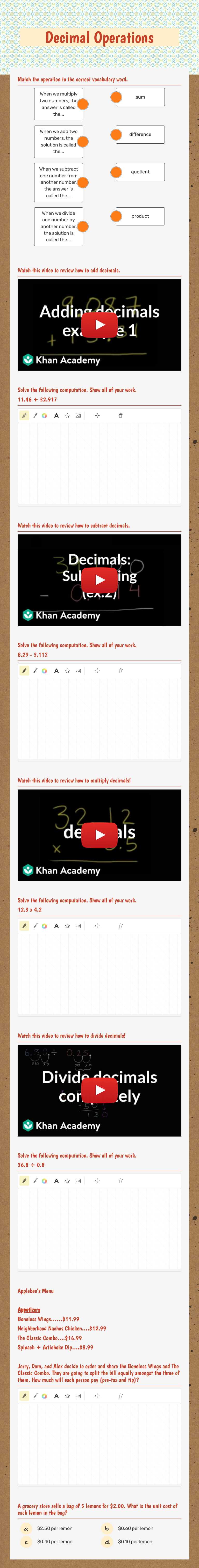 Decimal Operations Grade 6 worksheet preview