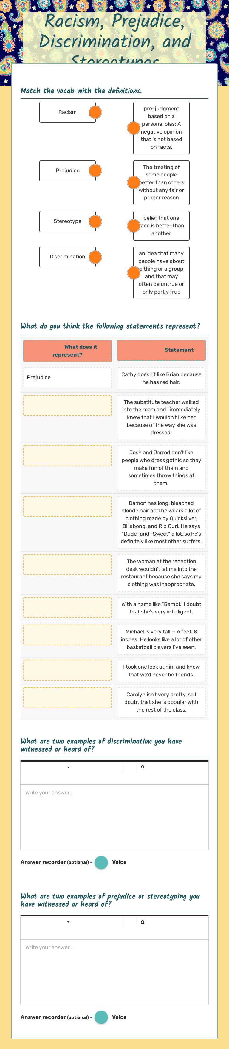 Racism, Prejudice, Discrimination, and Stereotypes worksheet preview image