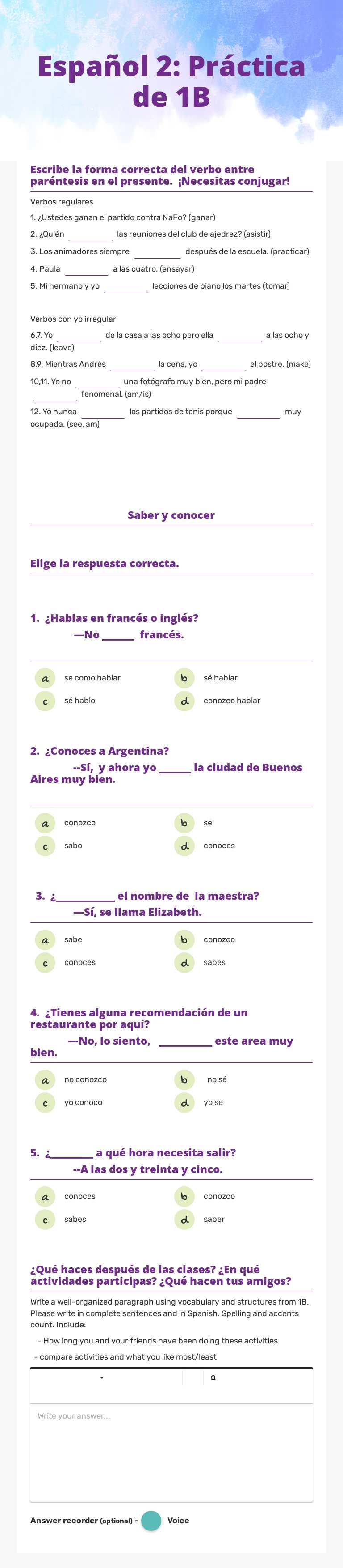 Español 2: Práctica de 1B Grade 10 worksheet preview