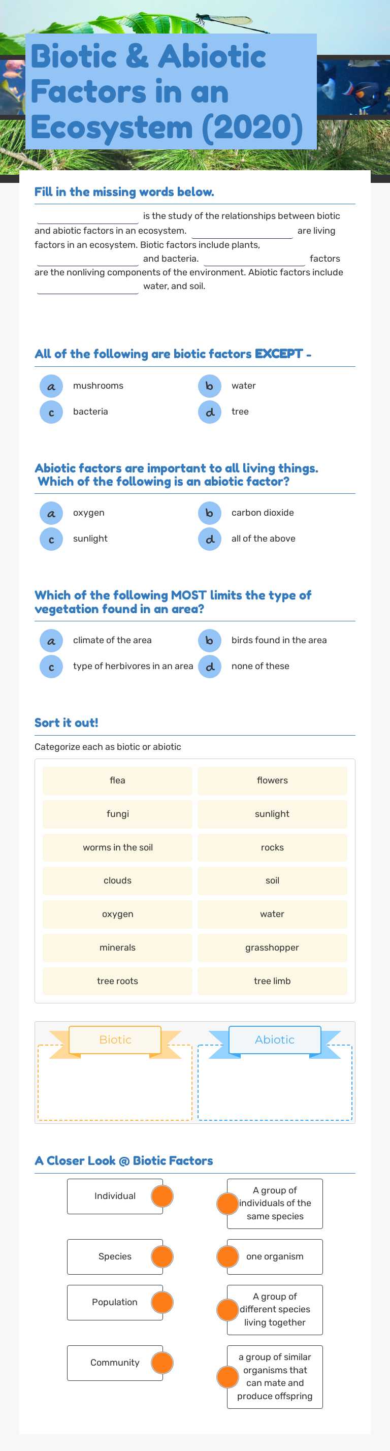 Biotic & Abiotic Factors in an Ecosystem (2020) Grade 6 worksheet preview