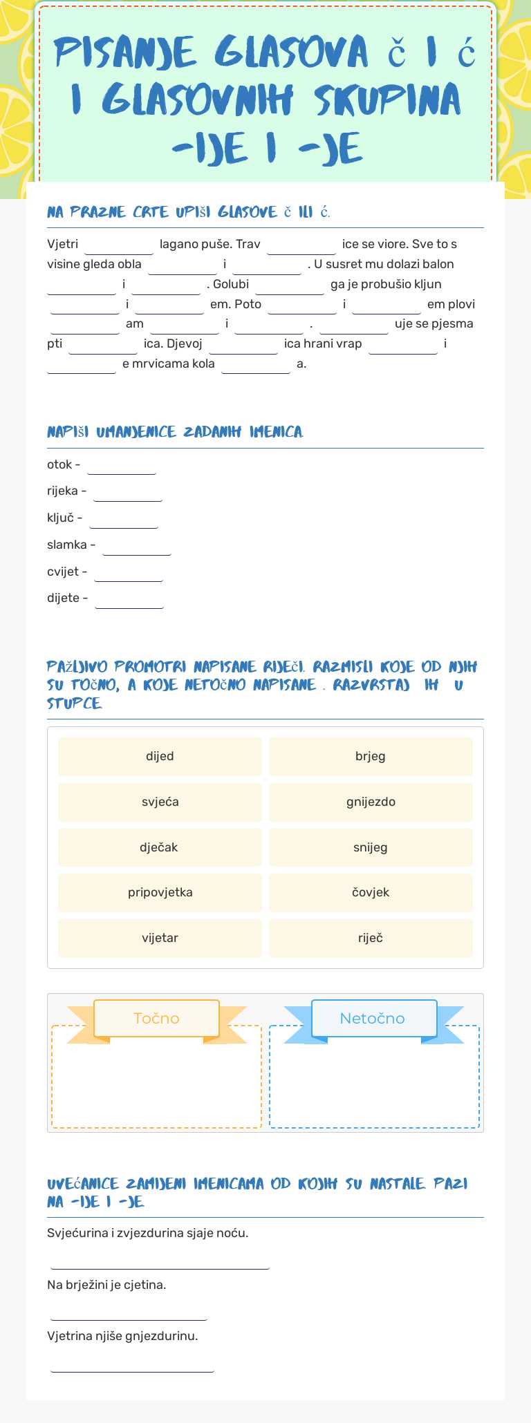 Pisanje glasova č i ć i glasovnih skupina -ije i -je worksheet preview image