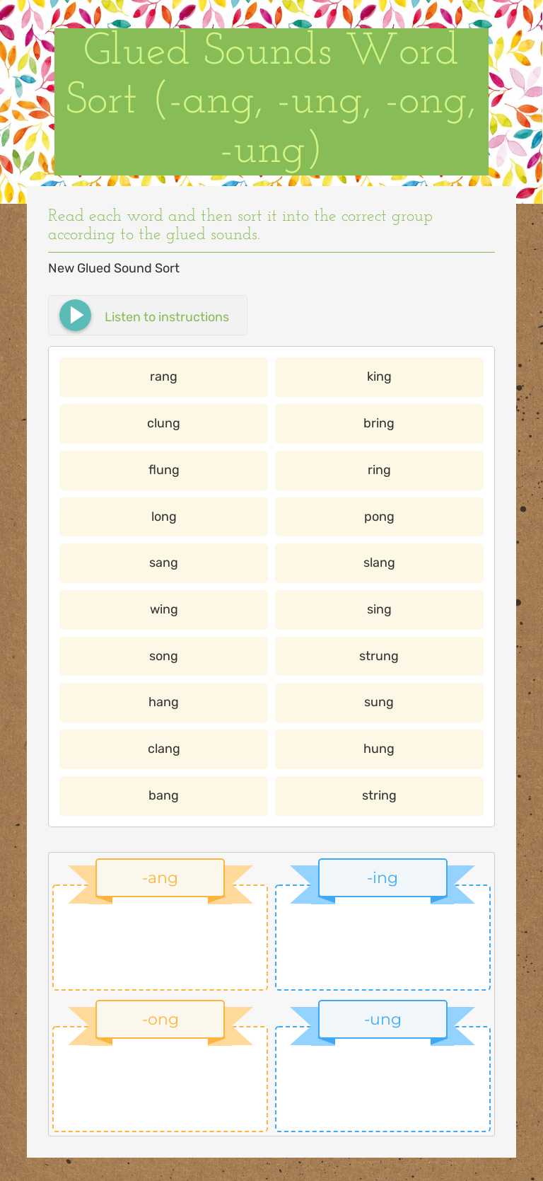 Glued Sounds Word Sort (-ang, -ung, -ong, -ung) worksheet preview image