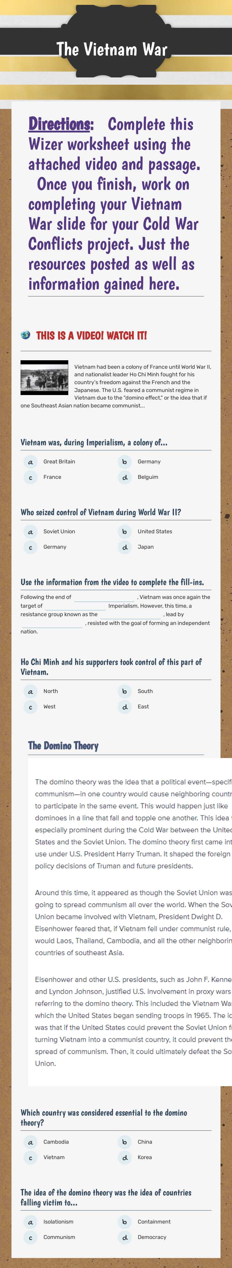 The Vietnam War worksheet preview image