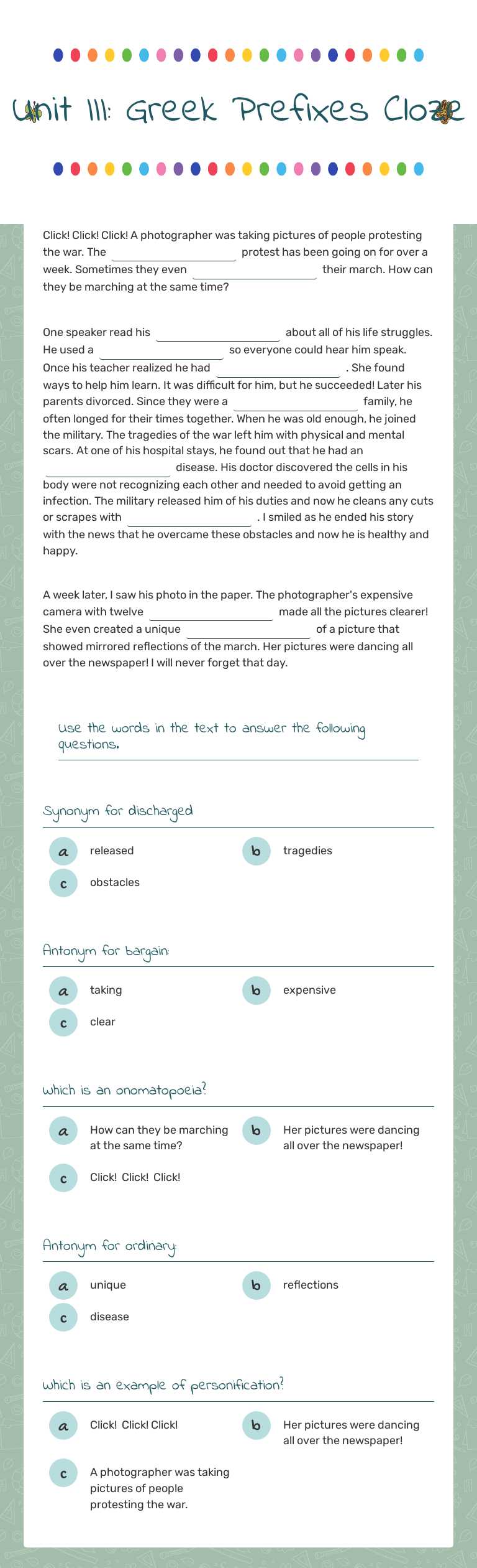 Unit III: Greek Prefixes Cloze Grade 4 worksheet preview