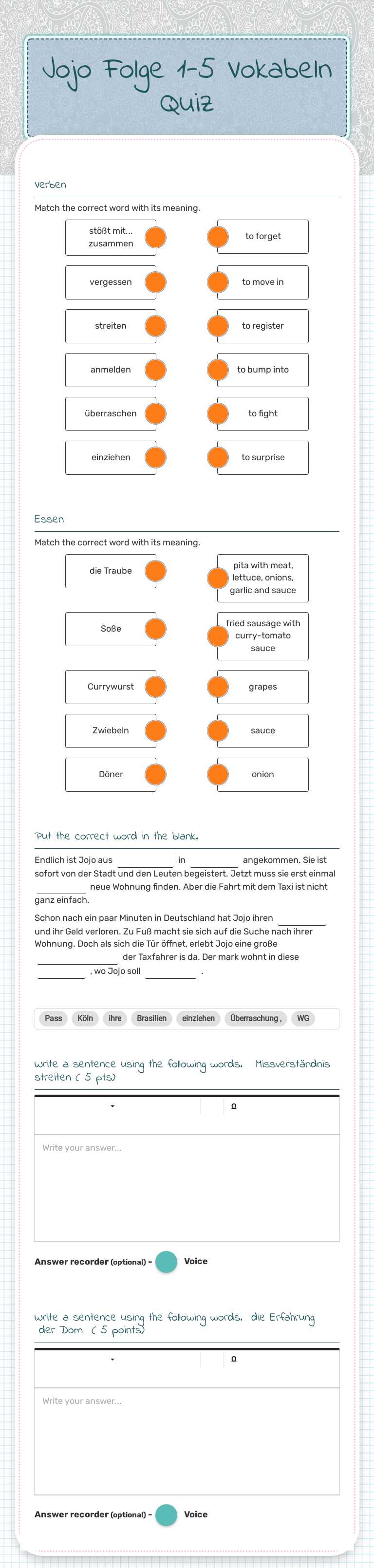 Jojo Folge 1-5 Vokabeln Quiz worksheet preview image
