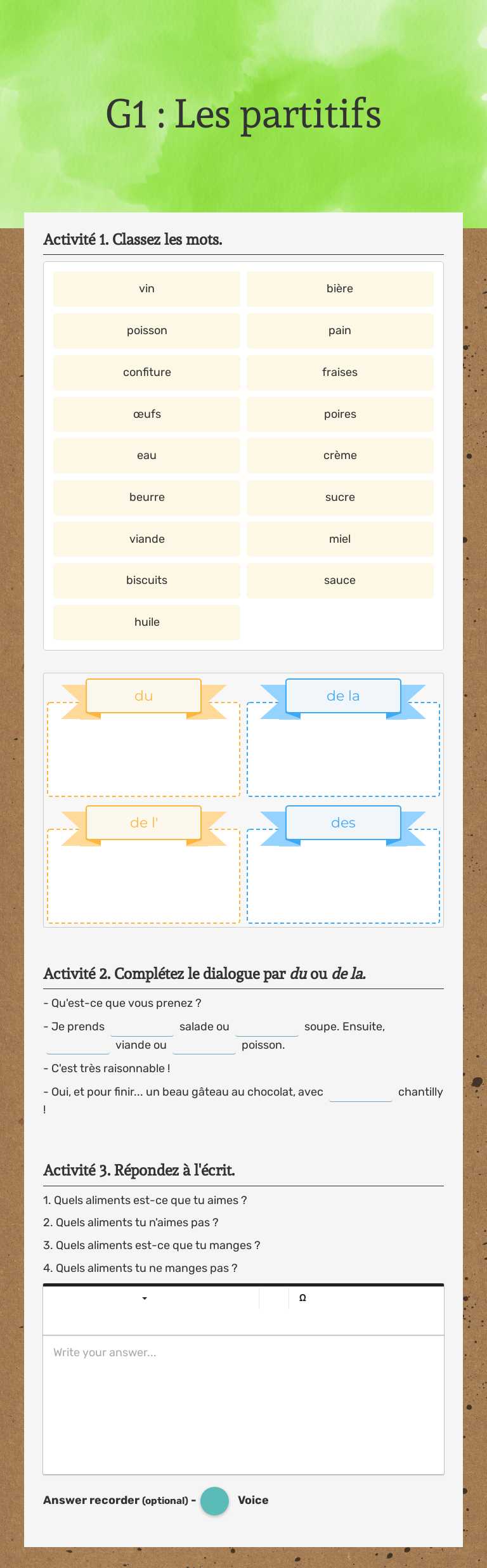 G1 : Les partitifs worksheet preview image