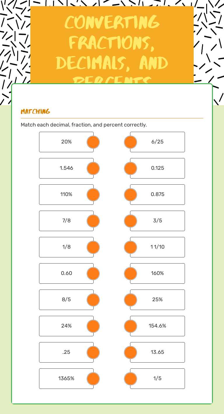 Converting Fractions, Decimals, and Percents worksheet preview image