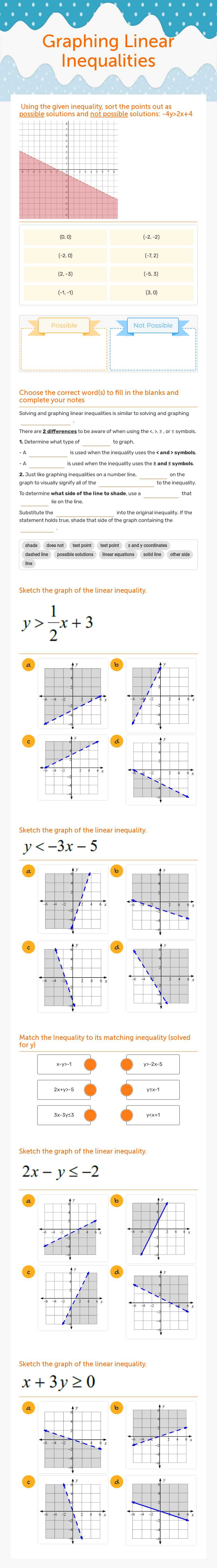 Graphing Linear Inequalities worksheet preview image