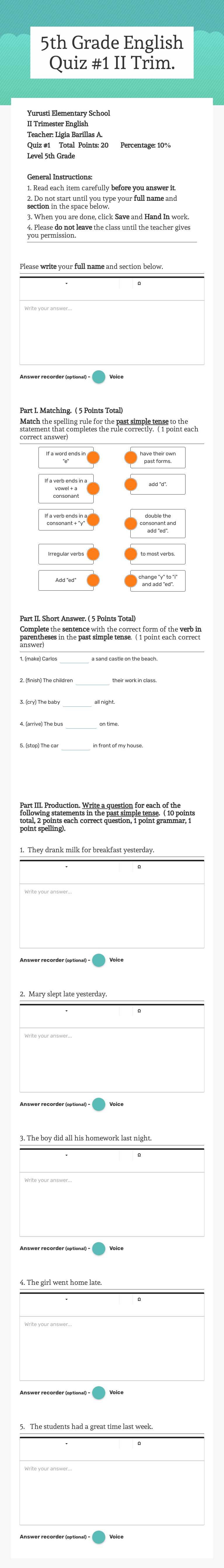 5th Grade English Quiz #1 II Trim. worksheet preview image
