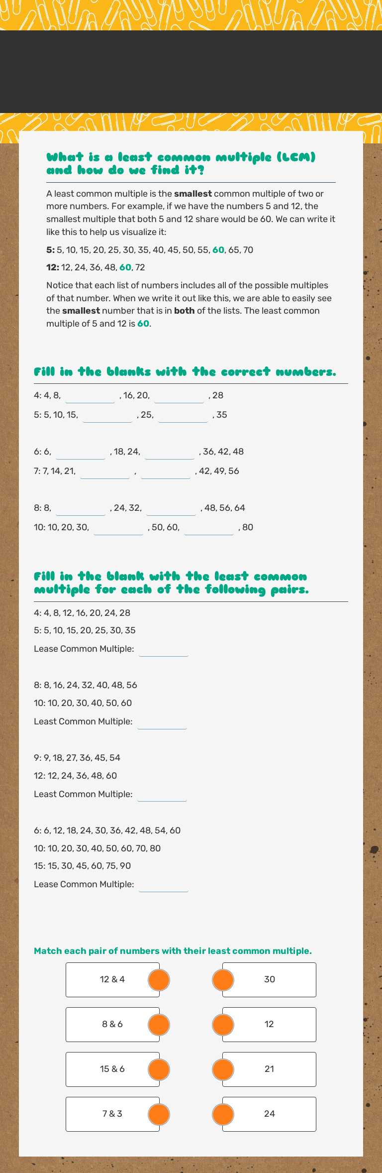 Least Common Multiple Grade 4 worksheet preview