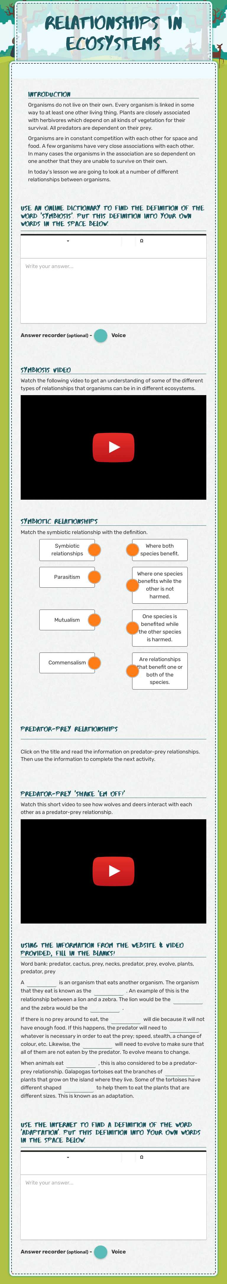 Relationships in Ecosystems worksheet preview image