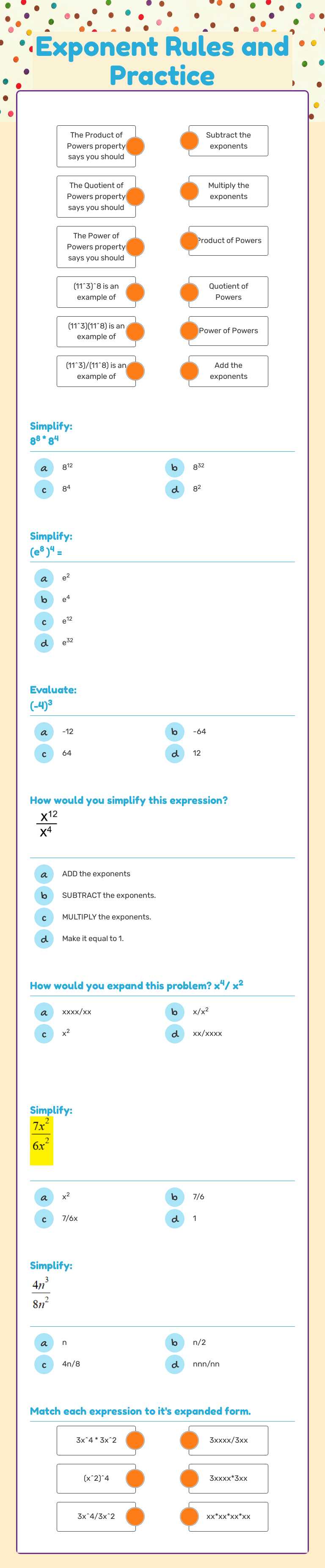 Exponent Rules     
and Practice Grade 8 worksheet preview