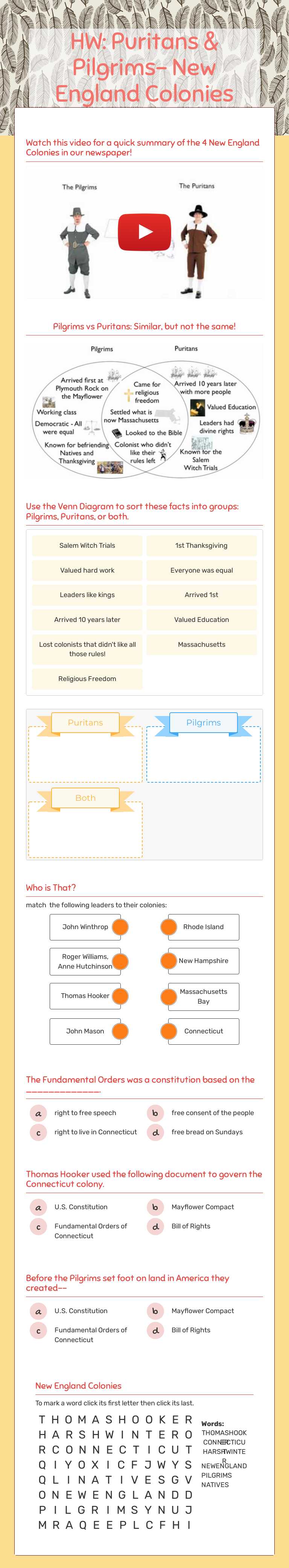 HW: Puritans & Pilgrims- New England Colonies worksheet preview image