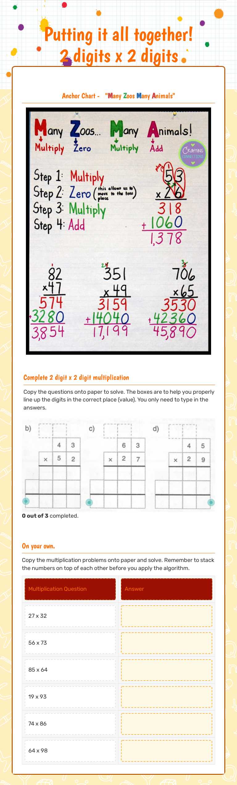 Putting it all together! 2 digits x 2 digits Grade 5 worksheet preview